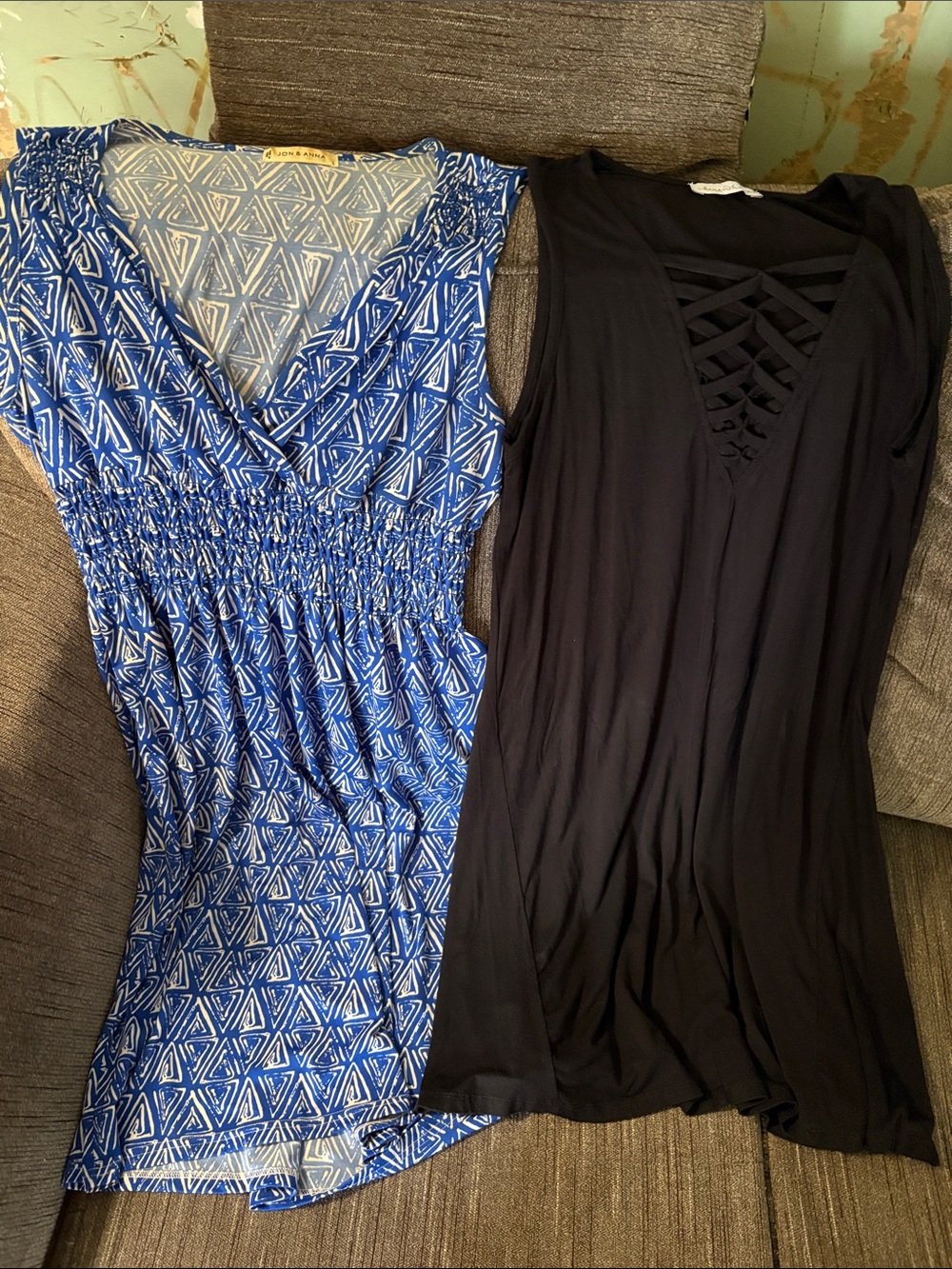 Set - Blue Geometric Smocked Waist Dress & Black Lattice Front Tunic Dress